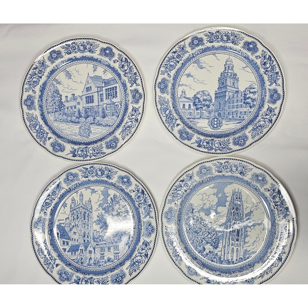 Vintage Wedgwood Yale University Dinner Plates Set of 4 1949 Blue Transferware